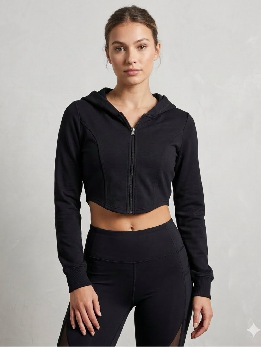 Hollister | Crop Full-Zip Corset Hoodie in Black Size XS